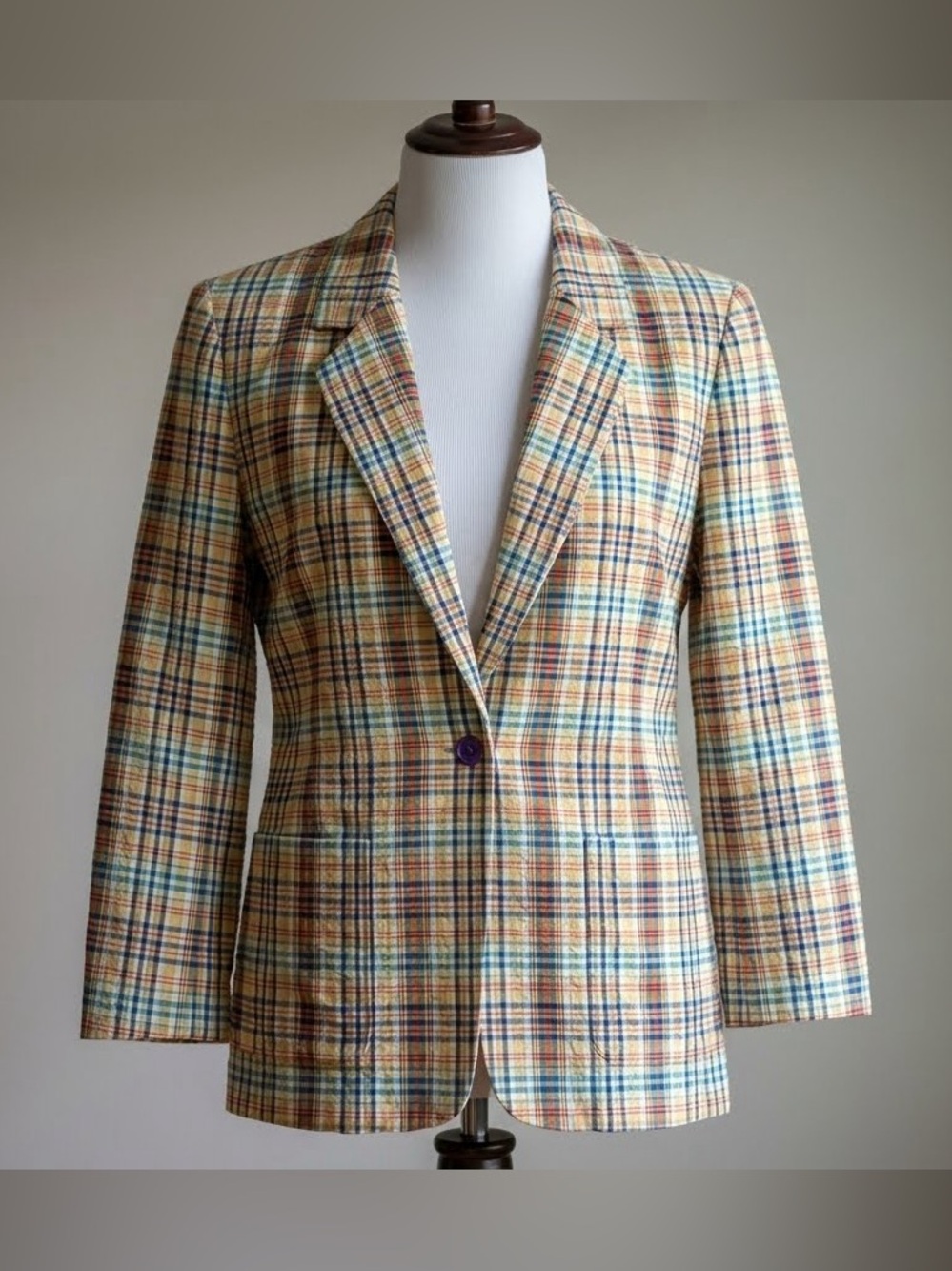 Vintage 80s The Limited Collection Yellow Madras Plaid Cotton Blazer - Medium